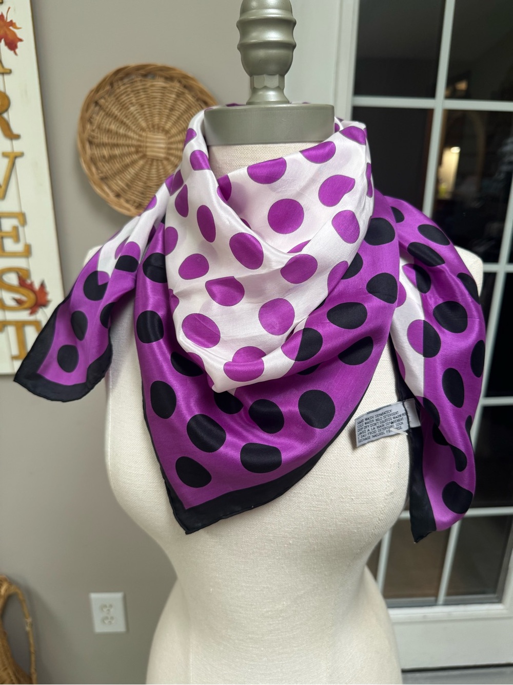 Vintage Purple Polka Dot Square Silk Scarf 31x31 Retro